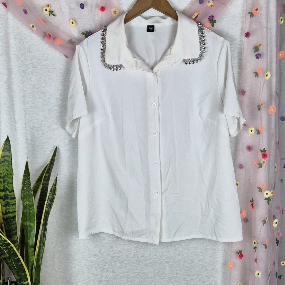 Shein Curve Ivory Embellished Collar Blouse 1XL Short Sleeve Top